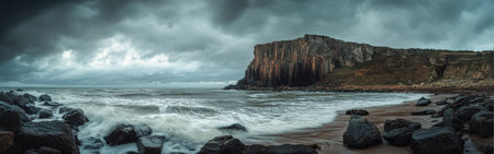 The rugged cliffs of Falaise rise majestically above the crashing waves, framed by a dramatic, cloudy sky that enhances Normandy's wild beauty.の素材