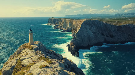 Cabo de Palos showcases striking cliffs and a historic lighthouse standing tall against the stunning backdrop of the Mediterranean Sea, where the waves crash dramatically.の素材