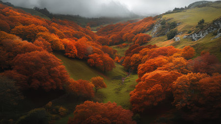 Vibrant orange and red trees dominate a serene valley, nestled between mountains, with a misty atmosphere creating a magical autumn scene.の素材