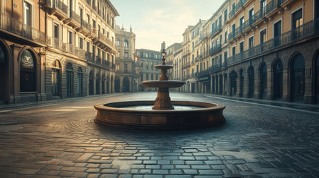 A peaceful morning unfolds in a cobblestone plaza, dominated by a beautifully crafted fountain, with historic buildings flanking the serene space.の素材