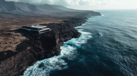 Vast cliffs of El Hierro rise dramatically against the Atlantic Ocean, where waves crash onto the black volcanic rock, showing the rugged beauty of this remote island.の素材