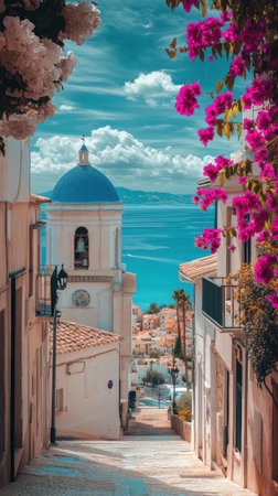 A charming coastal village reveals its beauty through narrow streets lined with blooming flowers and a picturesque church. The azure sea glistens in the distance under a bright sky.の素材