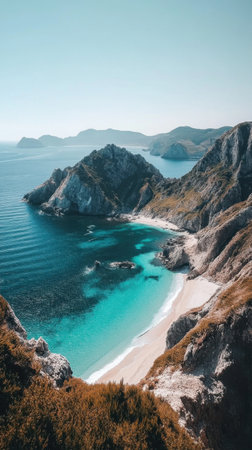 A stunning coastline reveals calm turquoise waters lapping against rugged cliffs, with a secluded sandy beach nestled between the rocks, all under a bright blue sky.の素材