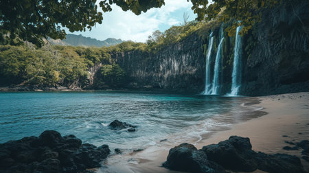 Enjoy a peaceful moment at Anse des Cascades where gentle waves lap the sandy shore, framed by lush greenery and cascading waterfalls from the cliffs above.の素材