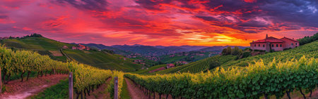 Rows of grapevines stretch across the Monferrato region as a dramatic sunset bathes the landscape in vibrant colors, highlighting rustic farmhouses in the background.の素材