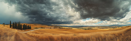 Golden fields stretch across Val d'Orcia, framed by distinctive cypress trees, as a dramatic sky enhances the area's enchanting landscape, bringing Umbria's charm to life.の素材