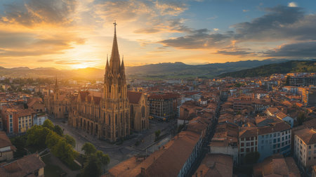 Experience the breathtaking sight of Oviedo's Cathedral, with its magnificent Gothic spires illuminated by the soft glow of the golden hour as the historic city comes alive.の素材