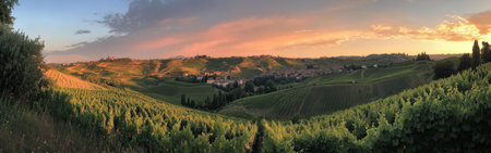 The warm golden light of sunset bathes the rolling hills of Langhe, illuminating lush vineyards and charming villages nestled in the stunning Piedmont landscape.の素材
