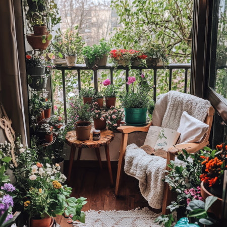 On a bright March morning, a cozy balcony garden is adorned with blooming plants. A person relaxes with tea and a book, wrapped in a soft throw blanket.の素材