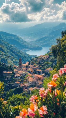 Ravello captivates with its magnificent villas, beautiful terraced gardens, and breathtaking views of the coastline, framed by lush green hills and a serene lake.の素材