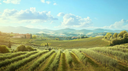 Beneath a clear blue sky, the rolling hills of the Roman countryside showcase vibrant olive groves and vineyards, embodying the serene beauty of Lazio's pastoral landscape.の素材