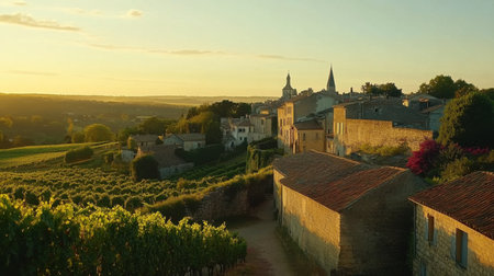 The historic town of Saint-Ãmilion basks in the golden glow of sunset, showing its ancient stone architecture, cobblestone streets, and surrounding vineyards.の素材