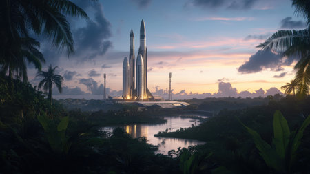 The Guiana Space Center showcases its futuristic launch pads, illuminated against lush tropical vegetation as twilight hues paint the sky, blending technology with nature.の素材
