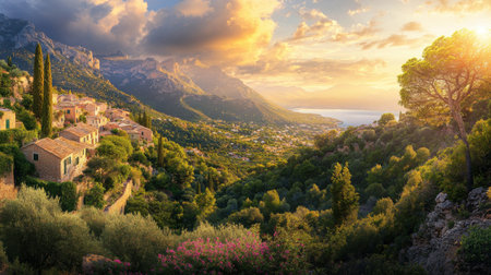 A picturesque village nestled in the mountains, surrounded by vibrant greenery and overlooking the shimmering coast as the sun sets in the evening sky.の素材