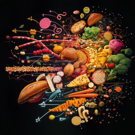 This artistic representation shows the relationship between carbohydrate intake and energy expenditure, highlighting how excess carbs transform into fat using arrows to illustrate metabolic pathways.の素材