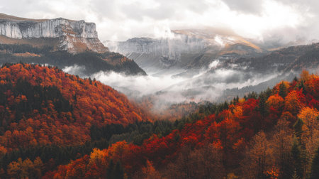 The Jura Mountains display a breathtaking autumn landscape, where vibrant red and orange trees blanket the slopes, with mist rolling through the valleys beneath towering rocky peaks.の素材