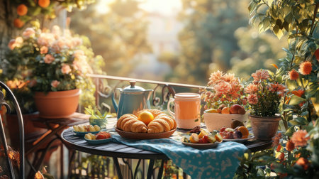 A cozy balcony hosts a delightful breakfast featuring fresh croissants, a colorful fruit bowl, and a steaming pot of coffee, all highlighted by warm morning light and vibrant plants.の素材