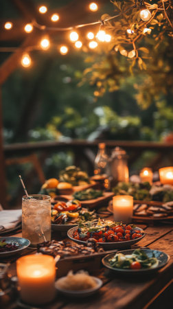 Gather around a beautifully arranged outdoor table adorned with candles and string lights, savoring fresh salads and grilled vegetables on a warm June evening.の素材