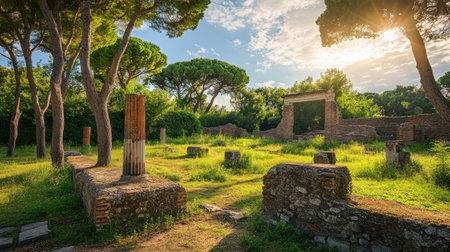 A tranquil afternoon reveals historic ruins surrounded by lush greenery and towering trees. Sunlight filters through the branches, creating a serene ambience.の素材