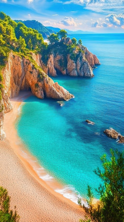 Experience the beauty of Costa Brava as dramatic cliffs meet the turquoise Mediterranean waters, creating a serene oasis with sandy beaches and secluded coves.の素材