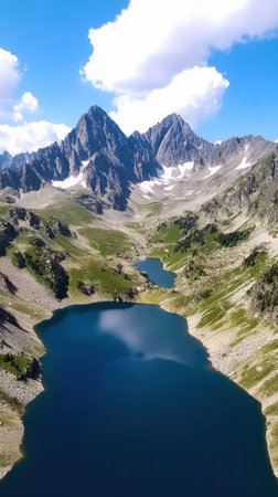 Experience the rugged beauty of the Lombardy Alps with dramatic mountain peaks and a peaceful alpine lake reflecting the clear blue sky, showing nature's tranquility.の素材