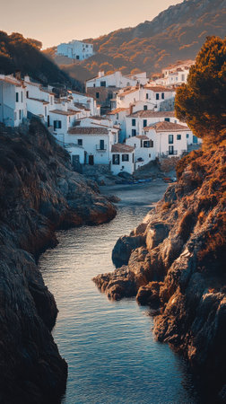 A picturesque village with whitewashed buildings is nestled between rocky cliffs, reflecting the warm sunset colors on the calm water below.の素材