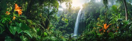 The lush rainforest in Guadeloupe National Park showcases towering trees, vibrant tropical flowers, and a magnificent cascading waterfall amid rich greenery.の素材