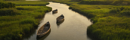 Traditional boats float gently on a winding river, surrounded by vibrant green marshes reflecting the warm glow of the setting sun, creating a peaceful atmosphere.の素材