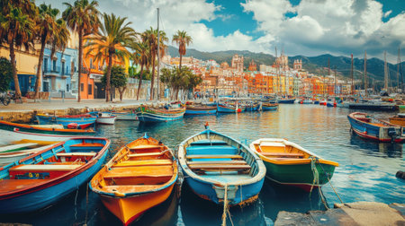 The Ceuta waterfront features a lively marina with an array of colorful boats. Surrounding palm trees and modern buildings add to the coastal charm of this Spanish destination.の素材
