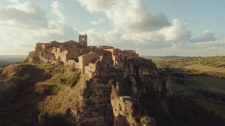 A picturesque village perched on a rocky cliff in Italy, showing casing medieval architecture and stunning views. The sky is filled with clouds as the sun sets, illuminating the scene.の素材