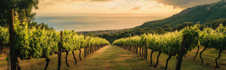 Rows of lush grapevines stretch towards the horizon, bathed in warm golden light. The tranquil Mediterranean Sea glimmers in the background, enhancing the allure of the landscape.の素材