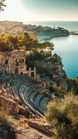An ancient theater sits on a rocky hillside, its stone seats arranged in a semicircle, while the calm sea reflects the warm hues of sunset, surrounded by greenery.の素材