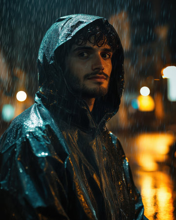 A young man in a waterproof jacket faces the camera, his hair wet from the rain. The background features blurred city lights reflecting on wet pavement at night.の素材