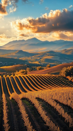 Rows of lush grapevines stretch across the Somontano wine region, glowing in the afternoon light, framed by the majestic Pyrenees mountains.の素材