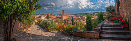 Wander through Viterbo's historic streets, where medieval buildings meet beautiful gardens, showcasing the rich cultural heritage of Lazio under a vibrant sky.の素材