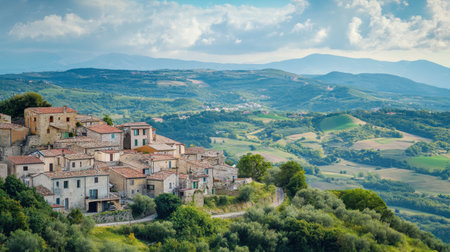Nestled on a hilltop, Civitanova del Sannio boasts ancient stone houses and breathtaking views, showing the beauty of the Molise region with its rolling valleys.の素材