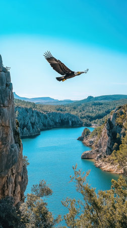 Experience the stunning beauty of MonfragÃ¼e National Park, where rugged cliffs meet the Tagus River, and an imperial eagle gracefully glides through the crystal-clear sky.の素材