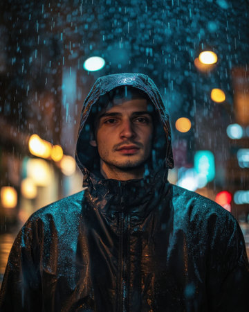 Rain cascades down as a young man gazes into the distance on a vibrant city street at night, dressed in a black waterproof jacket and surrounded by glowing lights.の素材