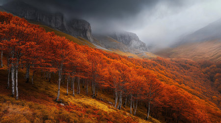 A stunning landscape showcases bright orange trees amid a rugged mountainous backdrop, with low clouds adding a mystical atmosphere to the scene.の素材