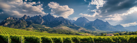 A breathtaking view of towering mountains rises above vibrant green vineyards, capturing the tranquility of a sunny afternoon in a picturesque valley setting.の素材