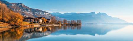 A serene autumn morning showcases the stillness of the lake, with colorful trees lining the shore and majestic mountains towering in the background, creating a picture of peace.の素材
