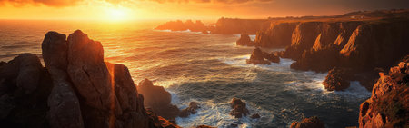 The sun sets over the Pointe du Raz cliffs, illuminating the dramatic rocky coastline of Brittany as waves crash against the shore, showing nature's wild beauty.の素材