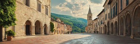 In a quiet Italian village square, morning light illuminates cobblestones and stunning stone buildings. The distant mountains create a picturesque backdrop, enhancing the tranquil atmosphere.の素材
