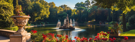 Enjoy a peaceful moment in the beautiful gardens of Villa Borghese, where vibrant flowers bloom around serene ponds and graceful fountains create a relaxing atmosphere.の素材