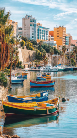 Melilla Marina showcases vibrant boats gently swaying in the water, framed by contemporary architecture and lush palms, embodying the city's coastal charm.の素材