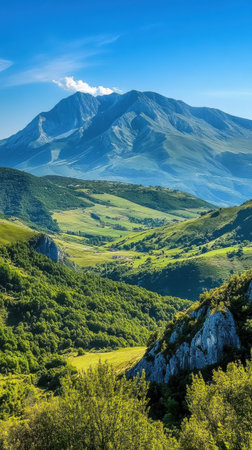 Breathtaking views of the Gran Sasso d'Italia reveal rugged mountain peaks amidst verdant valleys under a brilliant blue sky, highlighting the stunning landscapes of Abruzzo.の素材