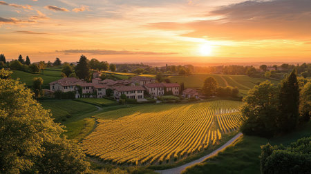 Golden grains sway gently in the breeze as the sun sets over the rice fields in Vercelli. Traditional farmhouses add to the tranquil charm of the Piedmont countryside.の素材