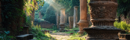 Visitors can explore the remarkable ruins of Ostia Antica, featuring intricate mosaics and tall columns surrounded by vibrant greenery. A perfect representation of Lazio's rich history.の素材