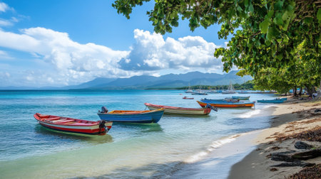 Tranquil Caribbean waters at Sainte-Anne feature colorful fishing boats anchored in the bay while beachgoers bask in the sun with distant mountains in the background.の素材