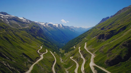 A scenic winding road snakes through vibrant green valleys, surrounded by majestic mountains and clear skies, showing natural beauty in an alpine setting.の素材